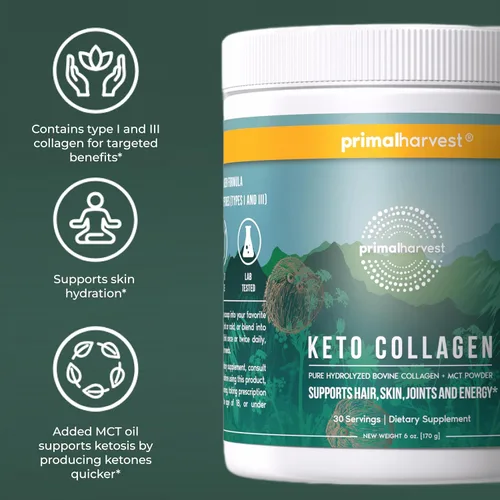 Miniatura 6 de Primal Harvest Polvo de colágeno Keto con aceite MCT, péptidos de colágeno hidrolizados, 10 onzas, sin sabor, paleo y cetogénico, suplemento proteico