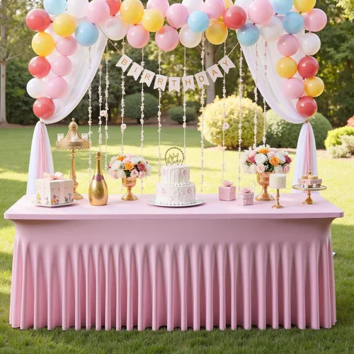 Miniatura 5 de Paquete de 2 manteles de spandex para mesas rectangulares de 8 pies, mantel elástico rosa de 8 pies, manteles ajustados, falda de mesa para fiestas