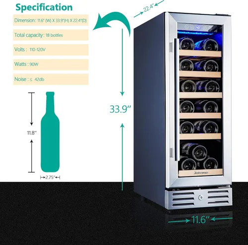 Miniatura 4 de Kalamera Mini refrigerador de 18 botellas – Refrigerador de vino de 12 pulgadas, integrado o independiente, con acero inoxidable y puerta de vidrio