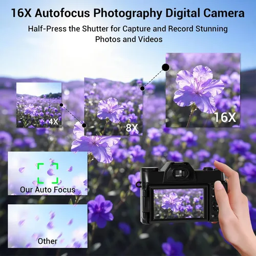 Miniatura 5 de Cámara digital, 75MP WiFi 4K Vlogging cámara de video para YouTube con pantalla abatible de 180° de 3 pulgadas, tarjeta SD de 64 GB, antivibración