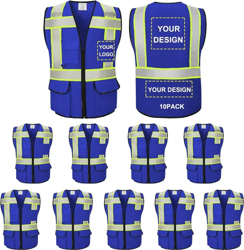Miniatura 29 de Chaleco Reflectante Clase 2 de Seguridad ANSI con Bolsillos y Cremallera de Alta Visibilidad Uniforme de Construcción K-azul