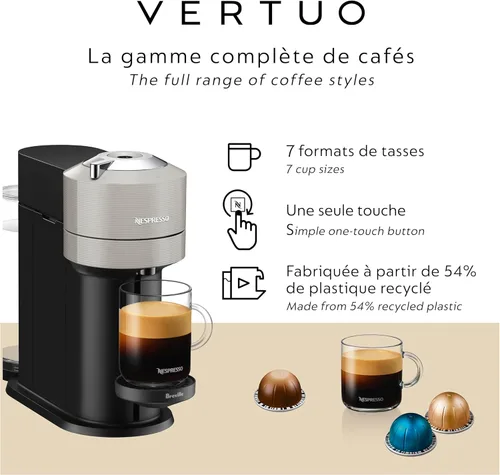 Miniatura 3 de Nespresso Vertuo Next Cafetera de café y espresso de Breville, con espumador de leche Aeroccino, gris claro