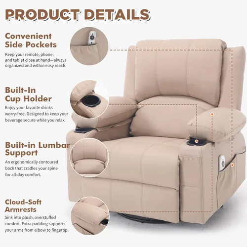 Miniatura 5 de Mecedora reclinable giratoria de piel sintética con portavasos para calor y masaje, silla mecedora con relleno, silla reclinable con calefacción