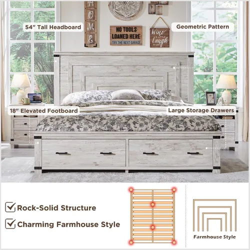 Miniatura 3 de RedLemon - Marco de cama de estilo granja Queen con cabecera geométrica de 137 cm de altura, cama de plataforma de madera rústica con 2 cajones
