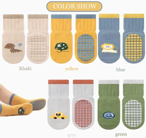 Miniatura 2 de BRATAA Toddlers No Slip Socks 5 Pairs-Cartoon Baby Little Boys Girls Socks with Grips Crew Length Slipper Socks