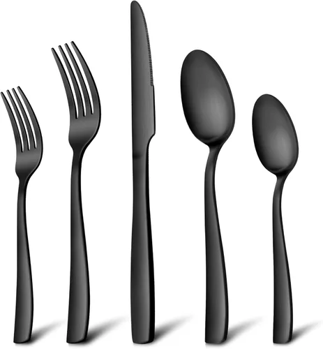 E-far Juego de cubiertos negros mate para 4, 20 piezas de cubiertos de acero inoxidable para el hogar, cocina, restaurante, tenedores de metal,