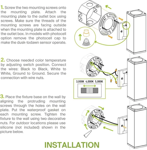 Miniatura 9 de ASD Lámpara de pared LED cuadrada de 1 luz para exteriores del anochecer al amanecer, 9 W, 1000 lúmenes, 3000 K-5000 K, 120 V, cilíndrica hacia