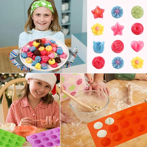 Miniatura 3 de FIRETREESILVERFLOWER Juego de moldes de chocolate con forma de flor, corazón, estrellas, rosa, flores en combinación, molde de silicona para hornear