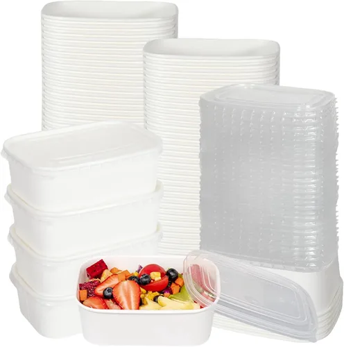 Paquete de 50 cuencos de ensalada desechables con tapas, recipientes de comida de papel kraft blanco de 25 onzas, cuencos rectangulares para sopa a