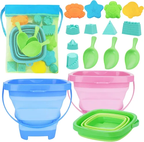 RACPNEL Juguetes de playa plegables para niños, set de 3 cubos de arena y palas plegables con bolsa de malla, cubetas de silicona para elementos