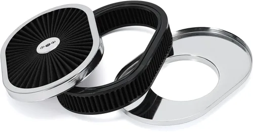 Miniatura 10 de PTNHZ 12"x2" Conjunto de Filtro de Aire Ovalado Limpiador de Flujo de 5-1/8" Cuello de Carburador con Tapa de Flujo Continuo de Alto Flujo Cromado