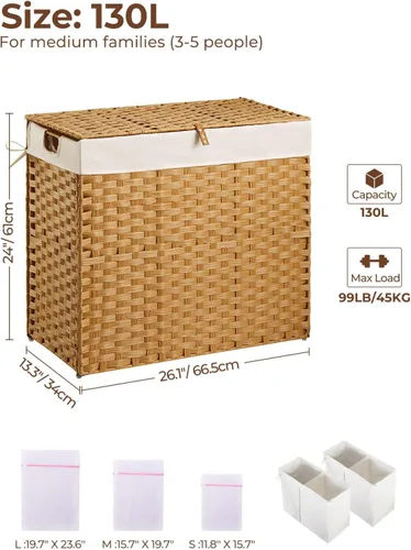 Miniatura 6 de GREENSTELL - Cesta para la ropa con tapa, 130 l, sin necesidad de instalación, cestos de mimbre plegables con 2 bolsas extraíbles, cesto