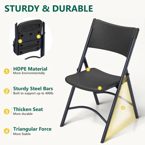 Miniatura 6 de Paquete de 4 sillas plegables, sillas plegables portátiles para exteriores con marco de acero, capacidad de 350 libras, sillas plegables de plástico