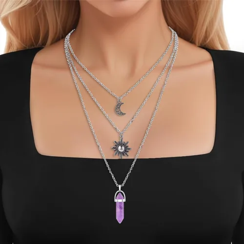 Miniatura 14 de Collar gótico de sol y luna para mujer, collares con colgante de cristal, accesorios Y2K, collar de luna creciente en capas para mujer, collar