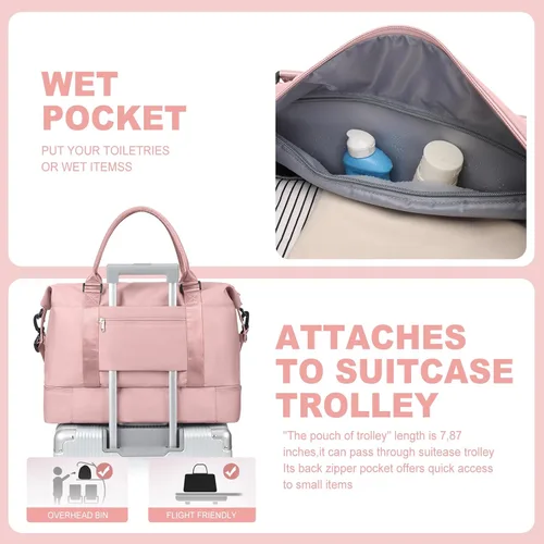 Miniatura 7 de Bolsas de fin de semana para mujer, bolsas de viaje con compartimento para zapatos, Rosado, Bolsa de viaje+neceser