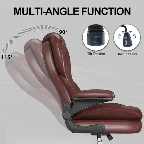 Miniatura 9 de Hovos Silla de oficina, ergonómica grande y alta silla de cuero de escritorio con brazos abatibles acolchados, bloqueo de inclinación ajustable