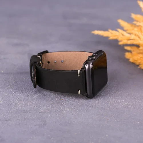 Miniatura 4 de OXA Leather Stitch Detailed Compatible with Apple Watch Band Series 8 7 6 5 4 3 2 1 SE Ultra Polished Stainless-Steel Buckle and Adapters Men