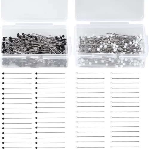 Alfileres de costura, 400 piezas de alfileres rectos para tela, alfileres de acolchado largos de cabeza de bola perlada en blanco y negro de 1.5 Dos