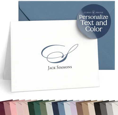 Miniatura 11 de Papelería plegada con cresta personalizada, tarjetas iniciales personalizadas para pareja con sobres, elegantes tarjetas de notas plegadas