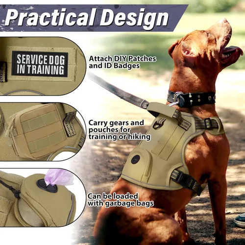 Miniatura 3 de Arnés táctico para perros grandes, chaleco de servicio militar resistente sin tirones con asa de control y 4 parches, arnés ajustable reflectante