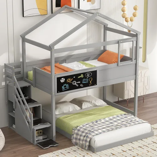 Miniatura 13 de Litera de casa individual sobre cama individual con tobogán convertible y nido, litera de madera maciza con techo y ventana para niños, verde-blanco