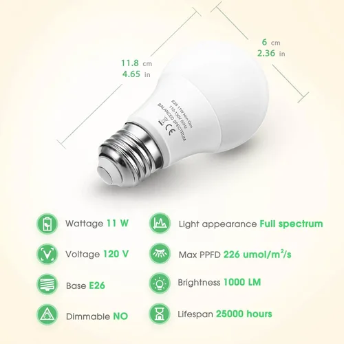 Miniatura 6 de Bombilla LED de cultivo A19 - Base E26 de espectro completo, 11 W (equivalente a 100 W) para plantas de interior, flores, invernadero, paquete de 2