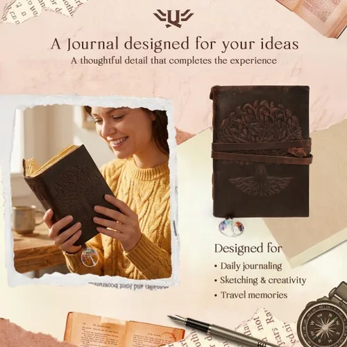 Miniatura 7 de Leather Journal for Women and Men, 200 Pages - 6"x8", Gifts for Women, Travel Diary, Women's Notebook - Tree Of Life 7 Chakra Bookmark, For Writing