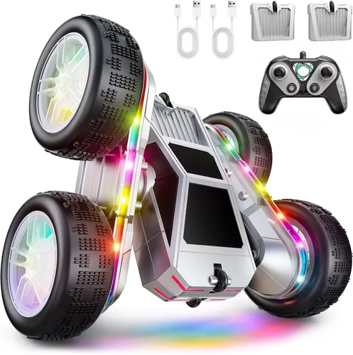 Miniatura 10 de WayEee Coche de control remoto, 360° voltea RC Stunt Car con tiras de luces LED, batería modular de carga tipo C, 2.4 GHZ de doble cara de alta Rojo
