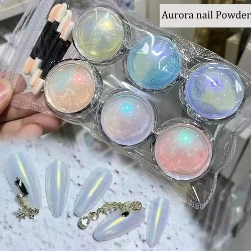 Miniatura 3 de 6 tarros de polvo de uñas cromado de sirena, aurora, brillo metálico, efecto espejo, pigmento, polvo iridiscente, polvo de arte de uñas para mujeres