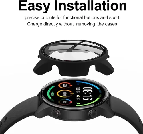 Miniatura 3 de Paquete de 2 fundas con protector de pantalla de vidrio templado compatible con Xiaomi Mi Watch, dureza 9H 360°, carcasa de PC completa negra +