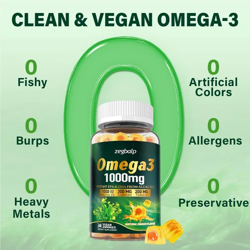 Miniatura 9 de Gomitas de suplemento Omega-3 para mujeres y hombres – 1000 mg de Omega3 DHA y EPA vegano con cúrcuma, vitamina D3, K2, citicolina para la salud