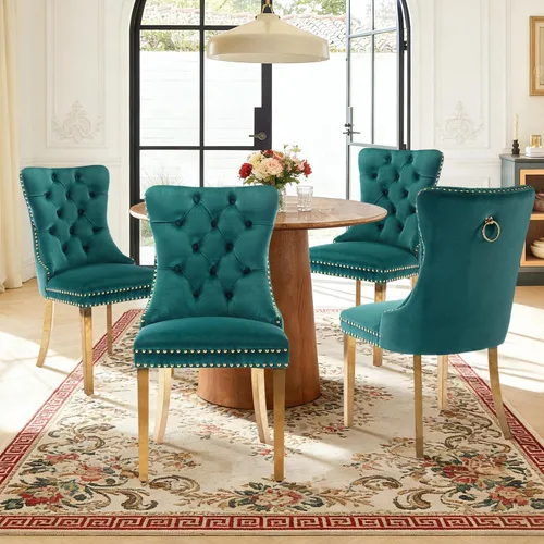 Miniatura 134 de Juego de 4 sillas de comedor de terciopelo, sillas de comedor tapizadas con ribete de cabeza de clavo y patas de madera maciza para cocina