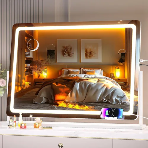 Miniatura 25 de Hasipu Espejo de tocador con luces, espejo de maquillaje LED de 24.2 x 19.7 pulgadas, espejo iluminado con aumento de 10 veces y USB, soporte