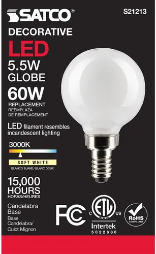 Miniatura 5 de Satco Bombilla LED E12 de 5.5 W, 3000 K, clasificación de 15000 horas, regulable
