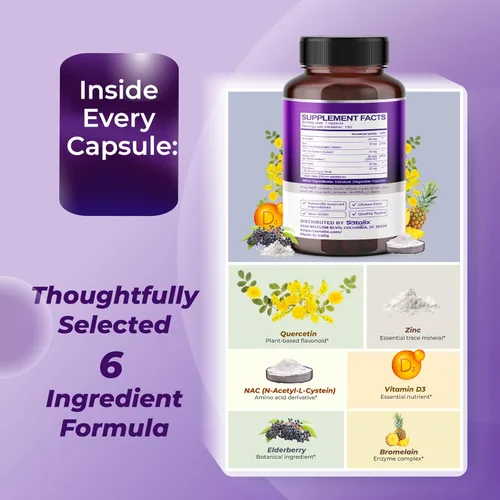 Miniatura 4 de Suplemento de quercetina Sotalix, 98% de quercetina con bromelina, zinc, vitamina D3 y saúco, apoyo inmunológico, respiratorio y cardiovascular*