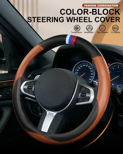Miniatura 3 de Funda para volante de cuero para BMW, fundas universales para volante de automóvil para coche, SUV, camión con forro antideslizante de 14.5-15 Marrón
