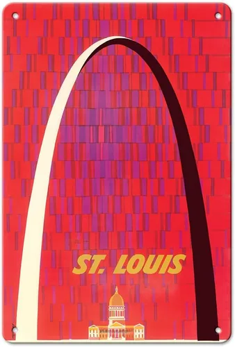 Pacifica Island Art St. Louis - The Gateway Arch Monument - Póster de viaje vintage por David Klein c.1950s - Cartel de metal vintage de 8 x 12