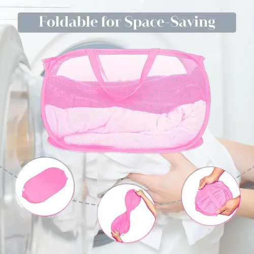 Miniatura 5 de Cestas plegables duraderas para la lavandería, cesta de malla con bolsillo lateral, cesta de almacenamiento de ropa plegable con asas de transporte