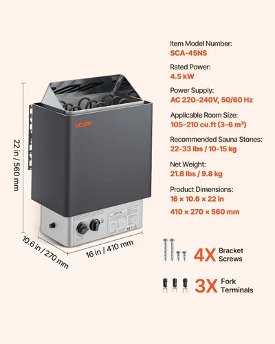 Miniatura 7 de VEVOR - Calefactor de sauna, estufa eléctrica de sauna de 220V, calentador de sauna para baño de vapor con temporizador de 3h y temperatura