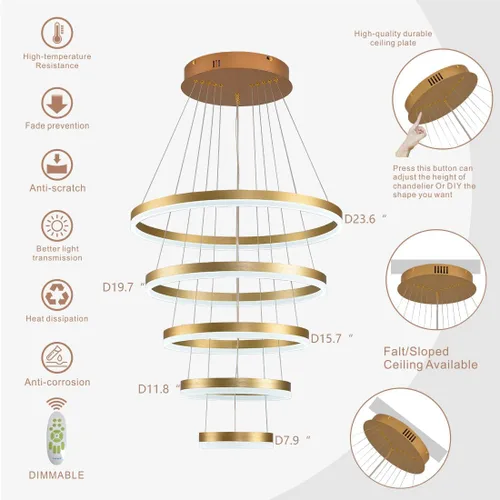 Miniatura 4 de Candelabro moderno dorado de 5 anillos regulable LED, altura ajustable para colgar en el techo para comedor cocina
