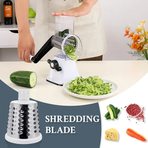 Miniatura 3 de Ralladores de queso con asa, trituradora manual de queso, rallador giratorio con 3 cuchillas de tambor reemplazables para verduras, frutas, Verde