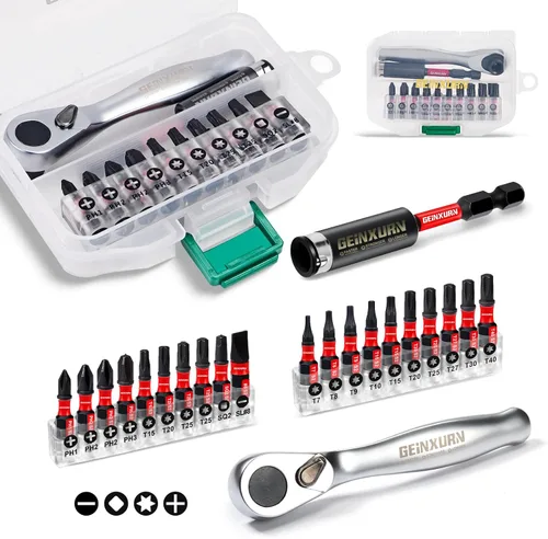 Miniatura 10 de GEINXURN Juego de 4 Mini Llaves de Trinquete y Soporte para Brocas, Llave de Mango de Trinquete de Accionamiento de 1/4", Llave de Vaso Reversible