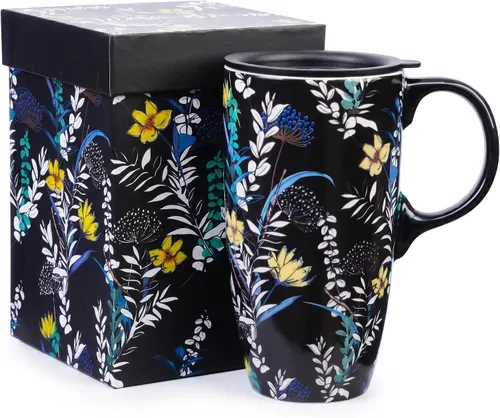 Taza de Cerámica de Café Taza de Té Latte de Porcelana con Tapa 17oz, Taza de Café Novedosa