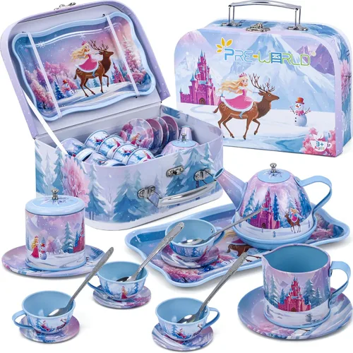 Juegos de fiesta de té para niños pequeños de 3 a 5 años, juguete de tiempo de té de princesa PRE-WORLD con bandeja, tetera, tazas de té, jarra para