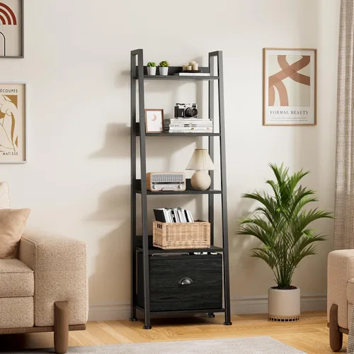 Miniatura 2 de Furologee Estantería de escalera con cajón, estante industrial de 5 niveles, estantes de almacenamiento abiertos para libros, CD, fotos, estantería
