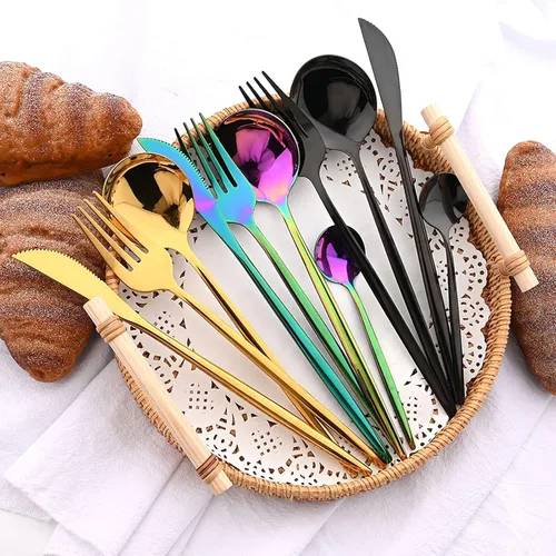 Miniatura 7 de Juego de cubiertos básicos de 24 piezas con un soporte para cubiertos, acero inoxidable 18/0 acabado espejo, cuchillo, tenedor, cucharilla, juego