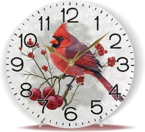 Miniatura 6 de ALAZA Reloj de pared cardenal de pájaro rojo de invierno, funciona con pilas, sin tictac, de cuarzo, analógico, rústico, rústico, reloj redondo
