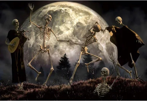 Telón de fondo de Halloween de 5 x 3 pies para sesión de fotos, luna llena, esqueletos nocturnos, cráneo, danza, fondo para fotografía, casa
