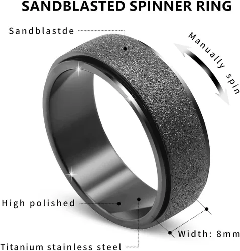 Miniatura 3 de Anillo giratorio para ansiedad para hombres, acero inoxidable, anillos de ansiedad para mujeres y hombres, 0.315 pulgadas de ancho, color negro