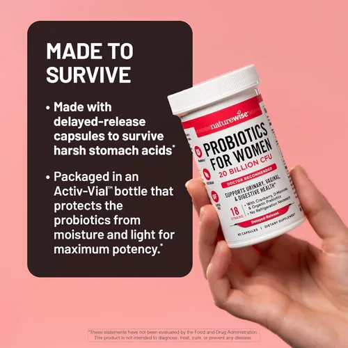 Miniatura 6 de NatureWise Probióticos para el cuidado de la mujer: 8 cepas, 6 mil millones de UFC con arándanos y manosa Cepas y probióticos más diversos por